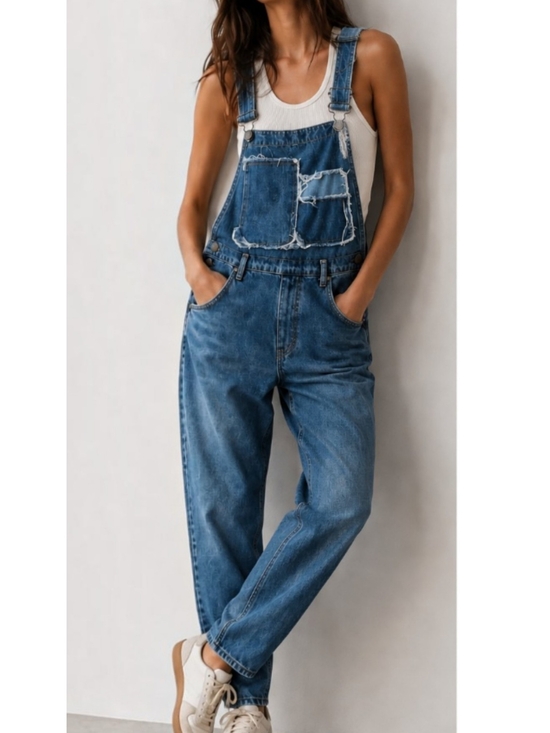 Zara Denim - Zara Trafaluc Denimwear Mom Fit Overalls Distressed Patchwork Bib Jeans M